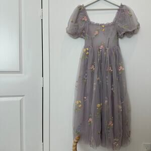 Lavender purple mesh see-through floral embroidered puff sleeve maxi dress small
